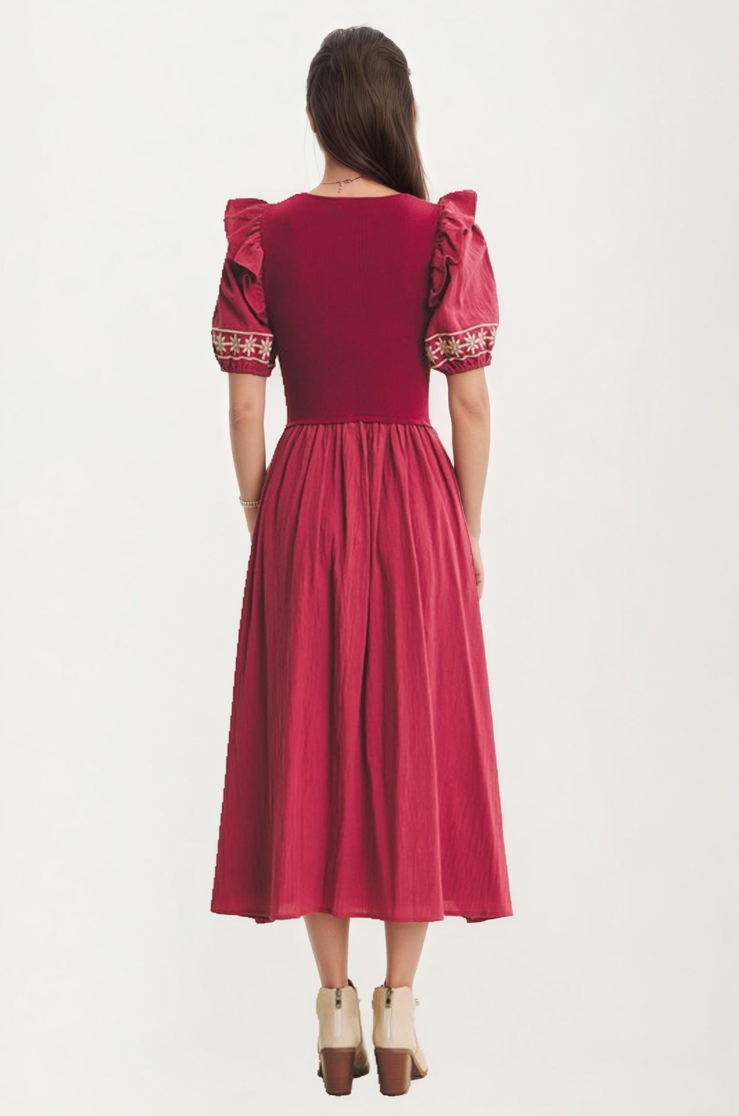 Puff Sleeve Midi Dress with Embroidered Trim