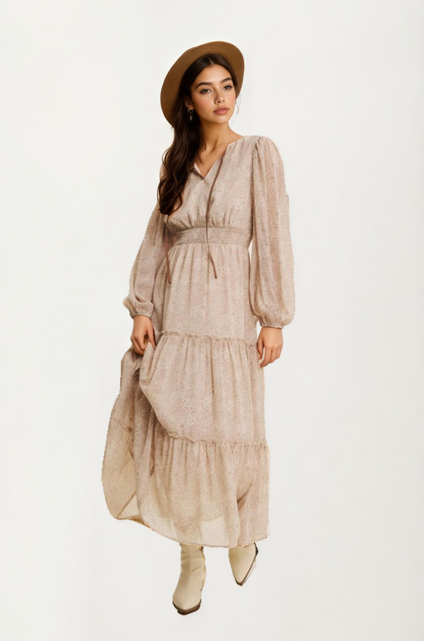 Long Sleeve Tiered Maxi Dress with Subtle Print