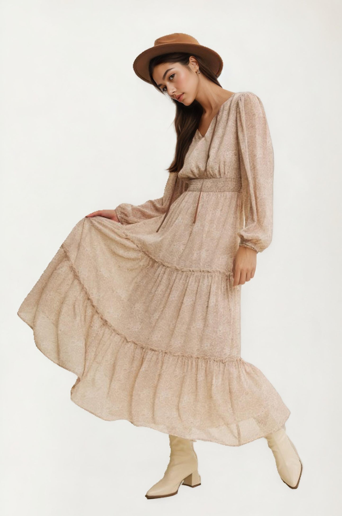 Long Sleeve Tiered Maxi Dress with Subtle Print