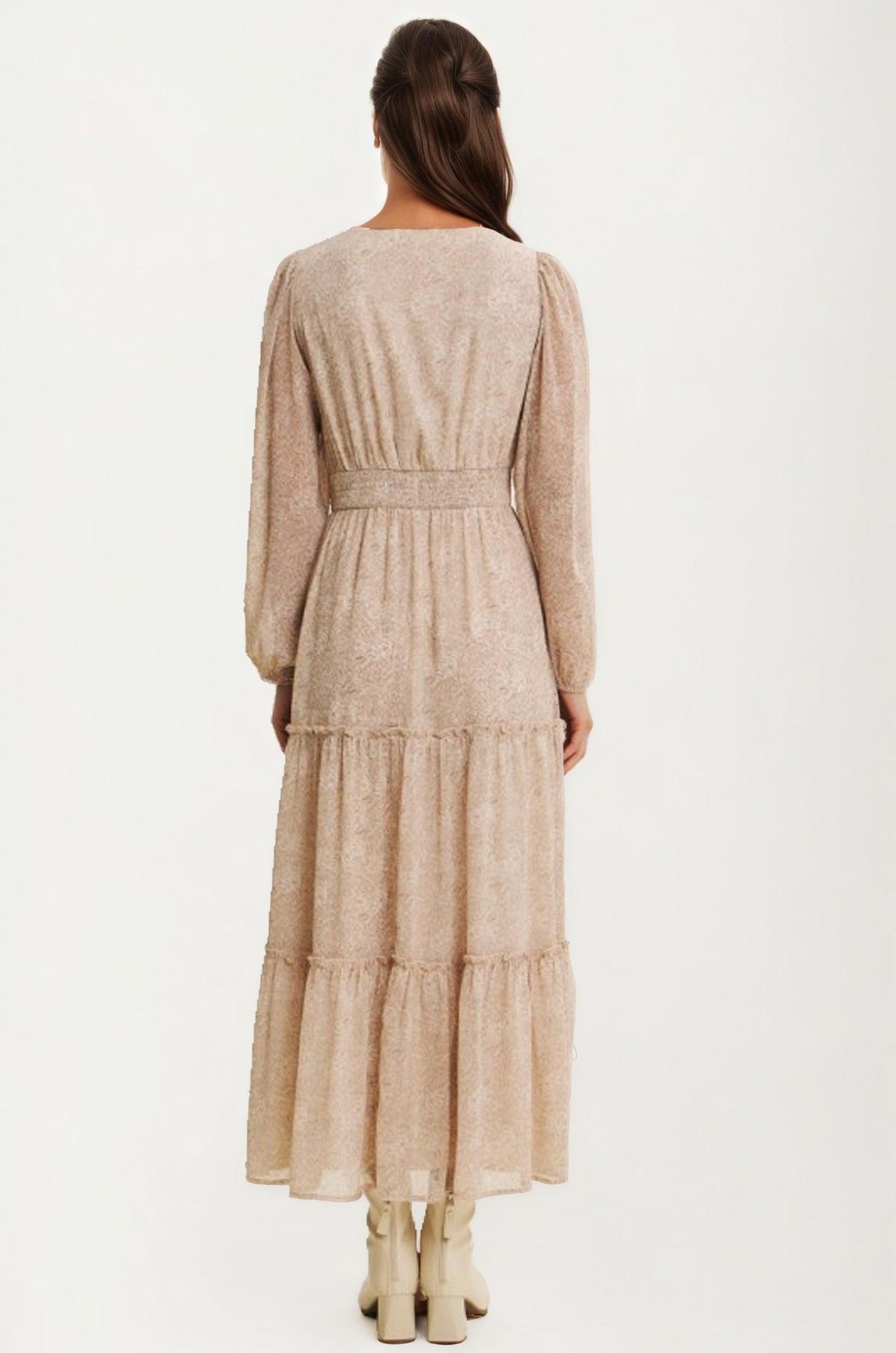 Long Sleeve Tiered Maxi Dress with Subtle Print