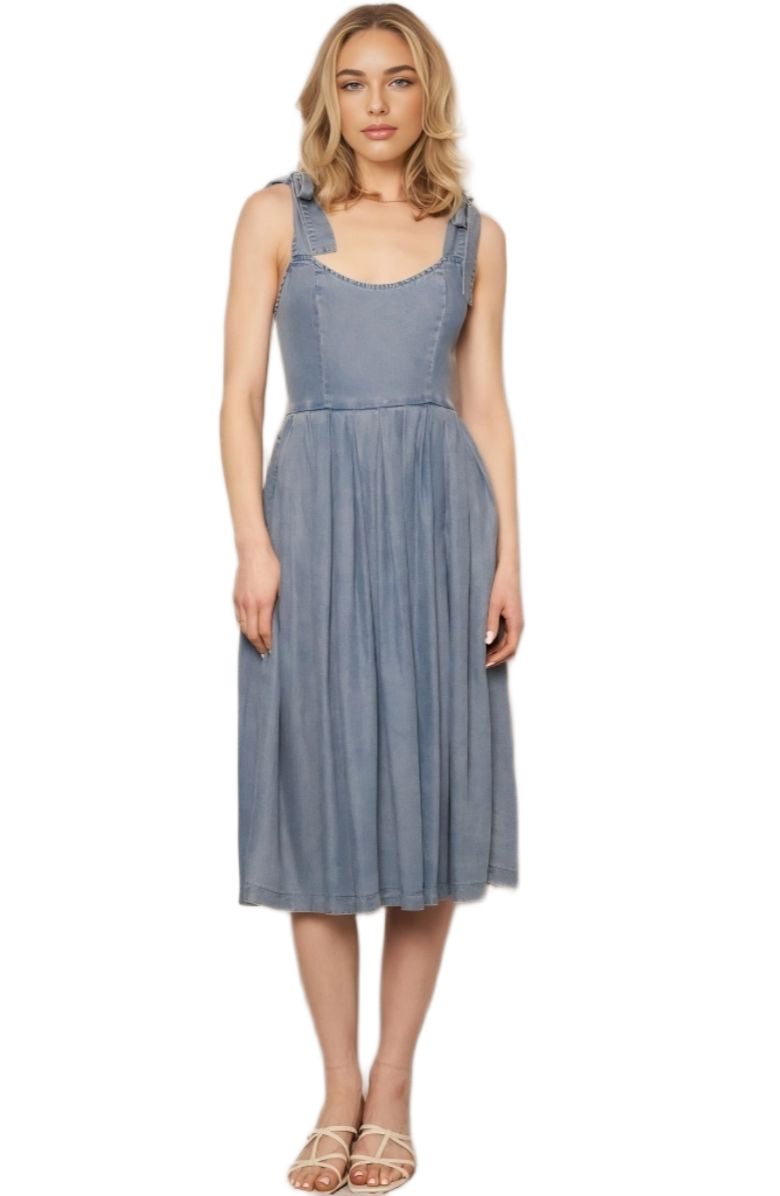 Washed Blue Midi Dress Tie Straps Scoop Neck Fitted Bodice Gathered Skirt