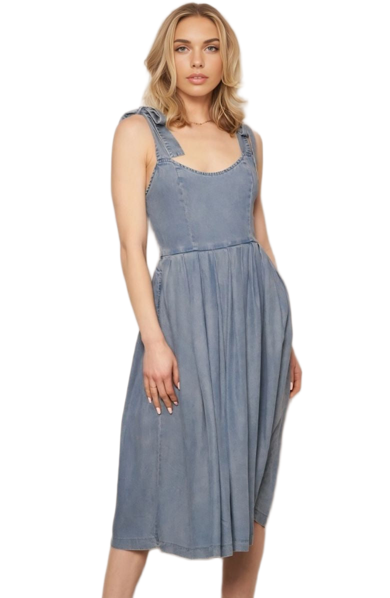 Washed Blue Midi Dress Tie Straps Scoop Neck Fitted Bodice Gathered Skirt