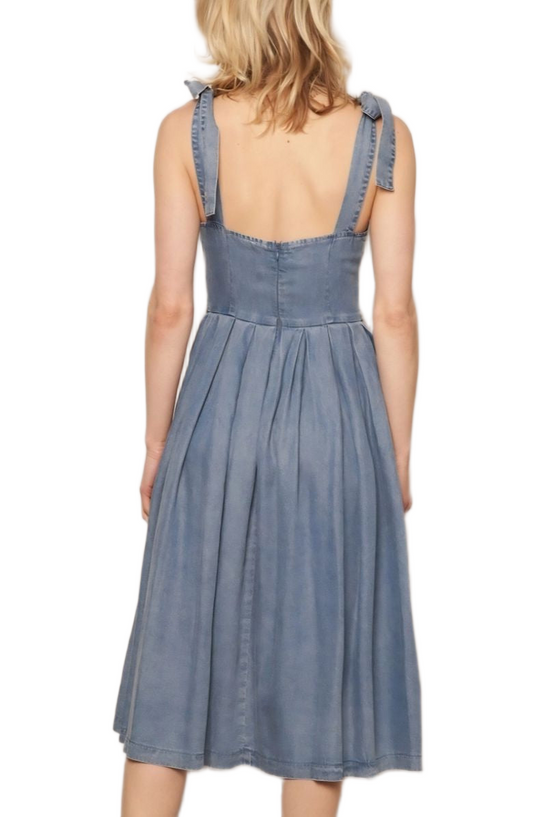 Washed Blue Midi Dress Tie Straps Scoop Neck Fitted Bodice Gathered Skirt