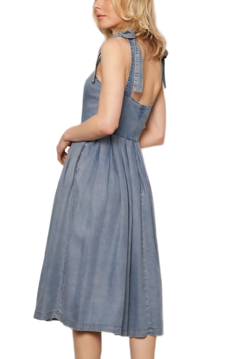 Washed Blue Midi Dress Tie Straps Scoop Neck Fitted Bodice Gathered Skirt