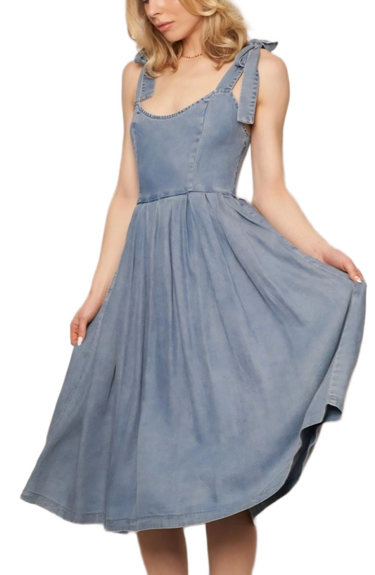 Washed Blue Midi Dress Tie Straps Scoop Neck Fitted Bodice Gathered Skirt