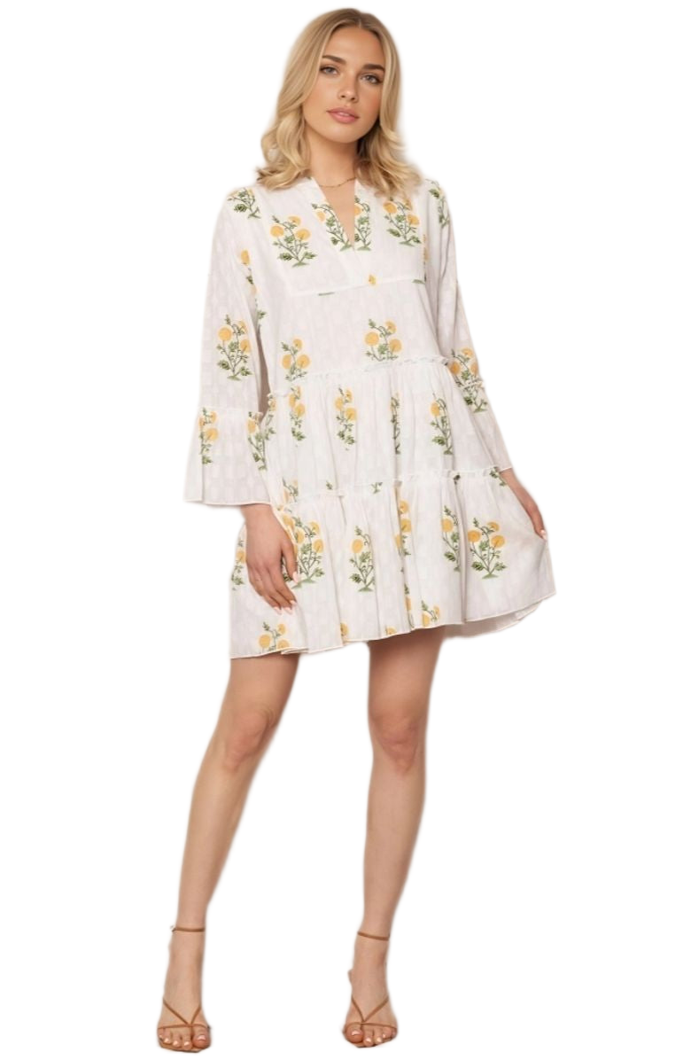 Floral Embroidered Mini Dress Tiered Skirt Bell Sleeves Notch Neckline White
