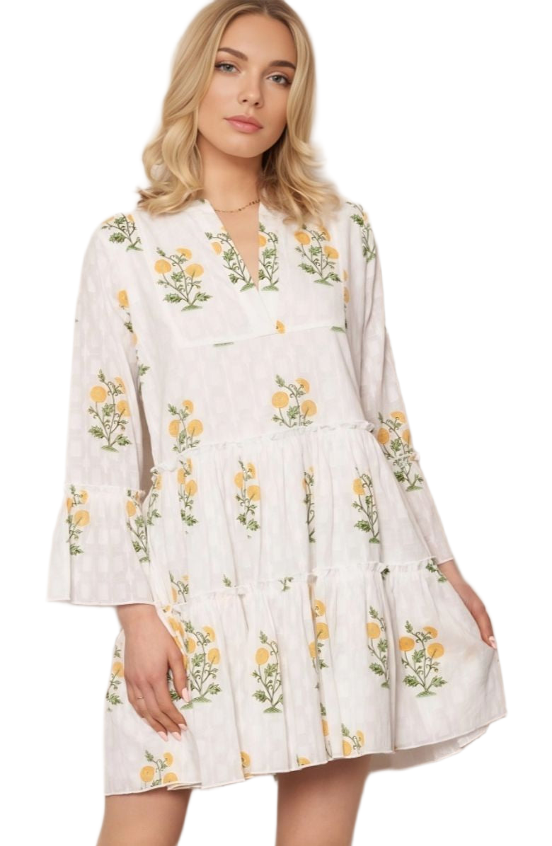 Floral Embroidered Mini Dress Tiered Skirt Bell Sleeves Notch Neckline White