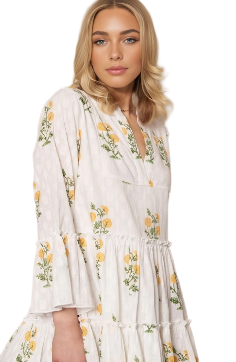 Floral Embroidered Mini Dress Tiered Skirt Bell Sleeves Notch Neckline White