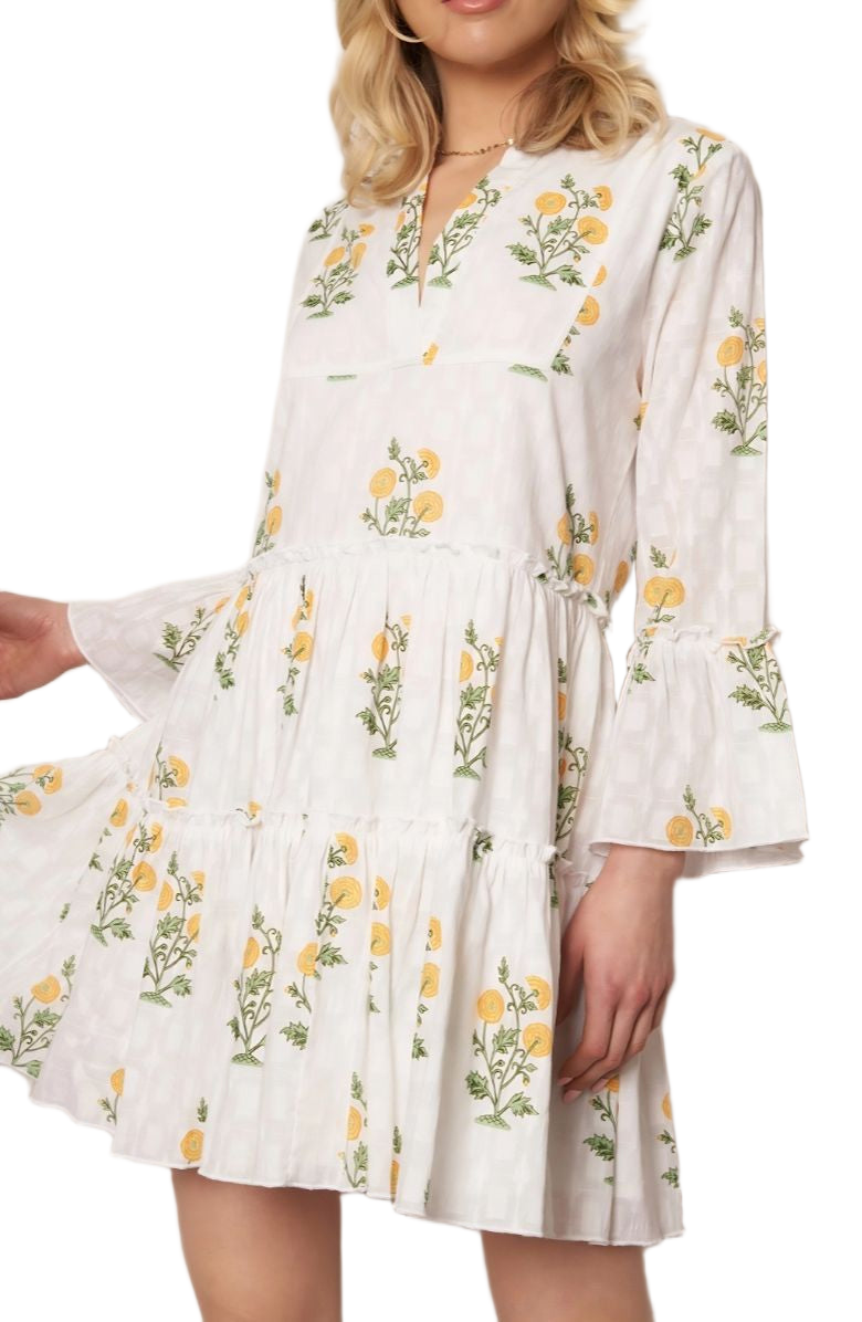 Floral Embroidered Mini Dress Tiered Skirt Bell Sleeves Notch Neckline White