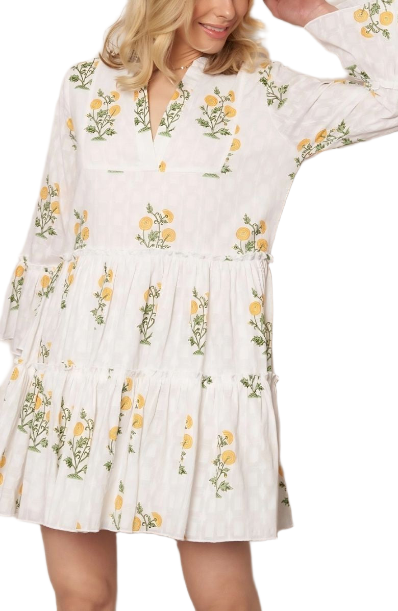 Floral Embroidered Mini Dress Tiered Skirt Bell Sleeves Notch Neckline White