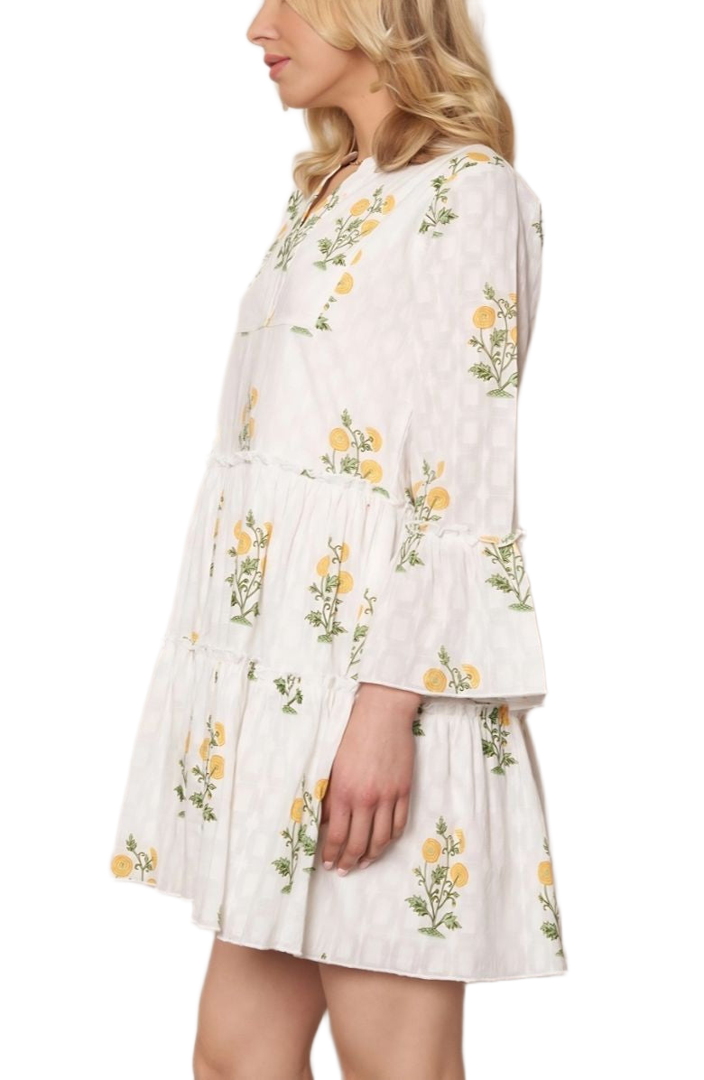 Floral Embroidered Mini Dress Tiered Skirt Bell Sleeves Notch Neckline White