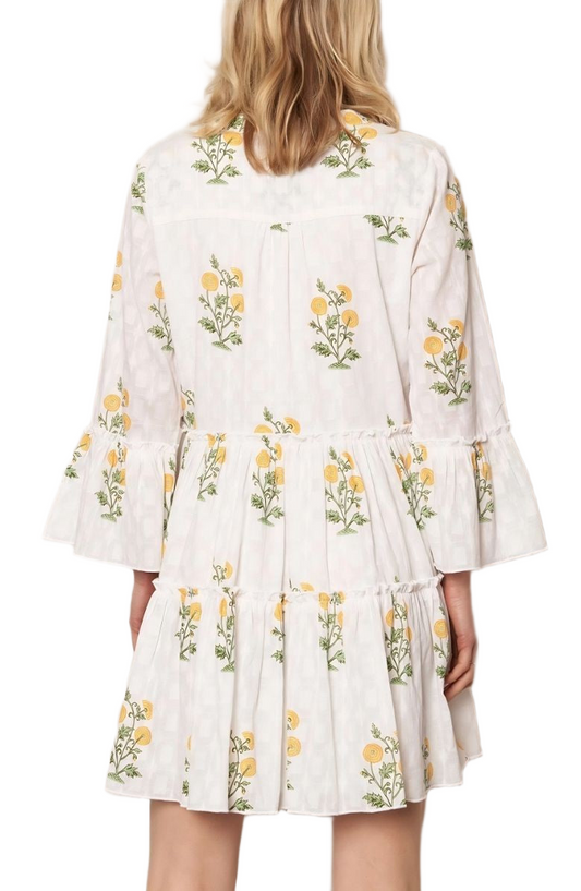Floral Embroidered Mini Dress Tiered Skirt Bell Sleeves Notch Neckline White