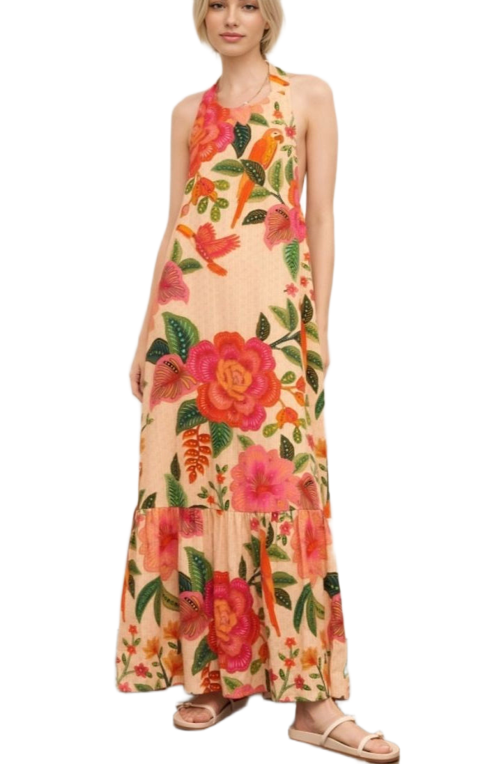 Tropical Halter Maxi Dress Floral Bird Print Ruffle Hem Sleeveless Resort Style