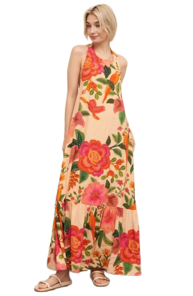 Tropical Halter Maxi Dress Floral Bird Print Ruffle Hem Sleeveless Resort Style
