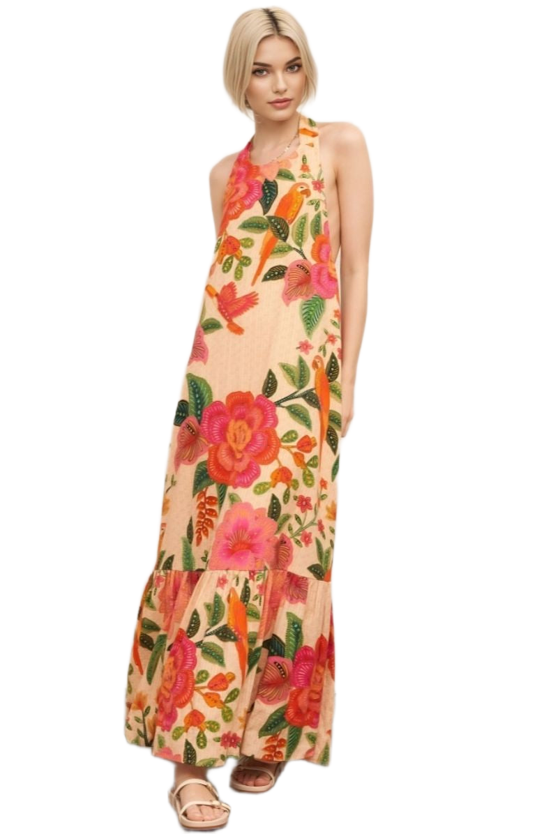 Tropical Halter Maxi Dress Floral Bird Print Ruffle Hem Sleeveless Resort Style