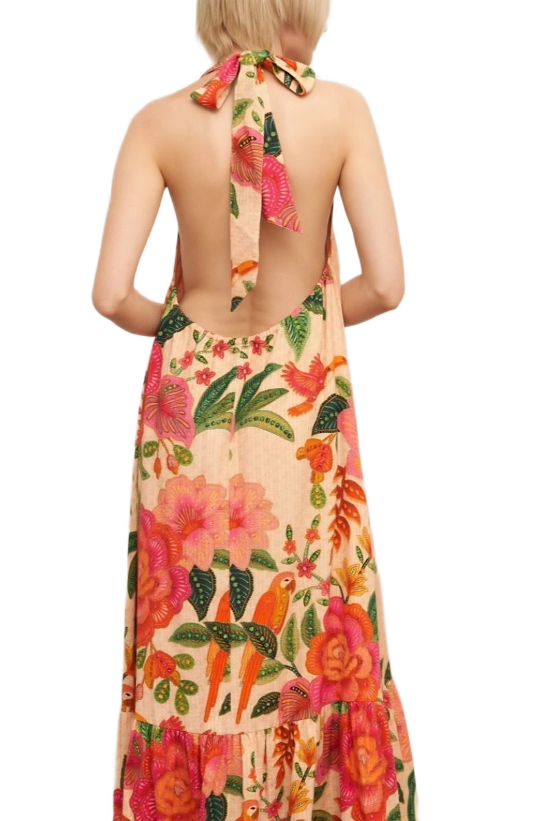 Tropical Halter Maxi Dress Floral Bird Print Ruffle Hem Sleeveless Resort Style