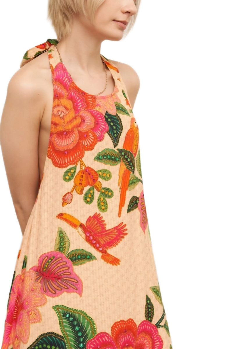 Tropical Halter Maxi Dress Floral Bird Print Ruffle Hem Sleeveless Resort Style