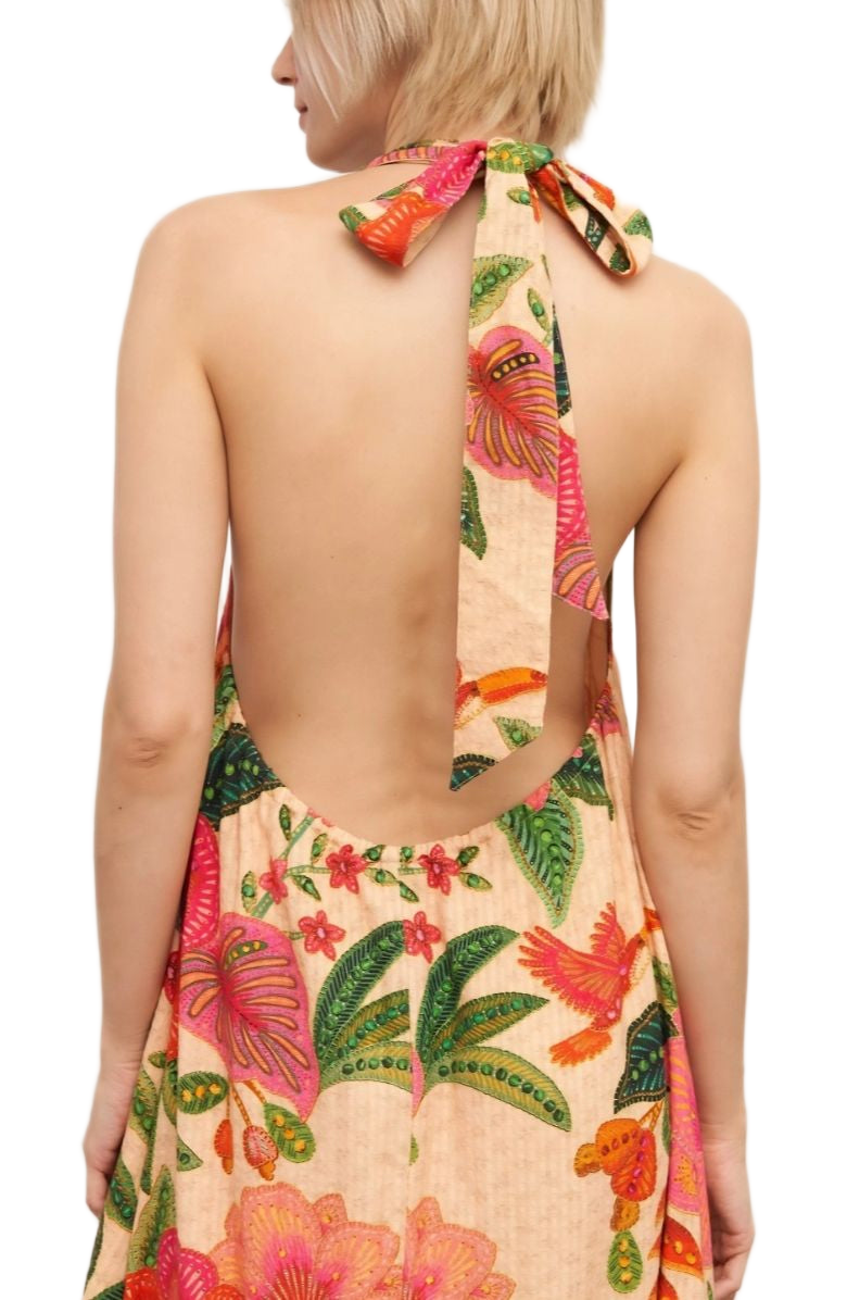 Tropical Halter Maxi Dress Floral Bird Print Ruffle Hem Sleeveless Resort Style