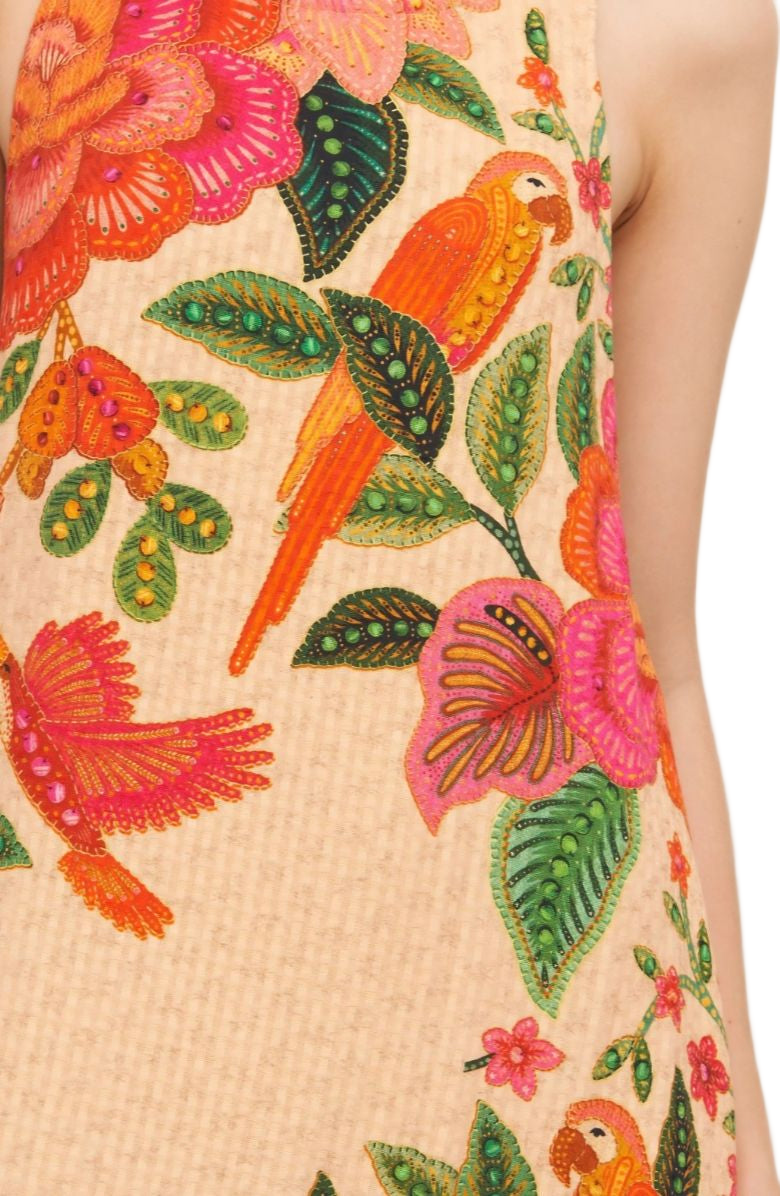 Tropical Halter Maxi Dress Floral Bird Print Ruffle Hem Sleeveless Resort Style