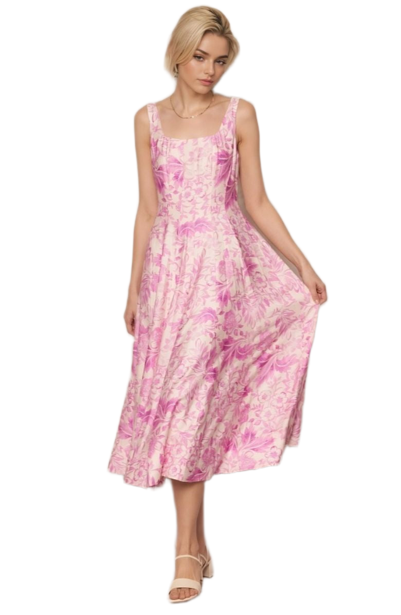 Floral Midi Dress Wide Straps Fitted Bodice Full Skirt Pink Botanical Print