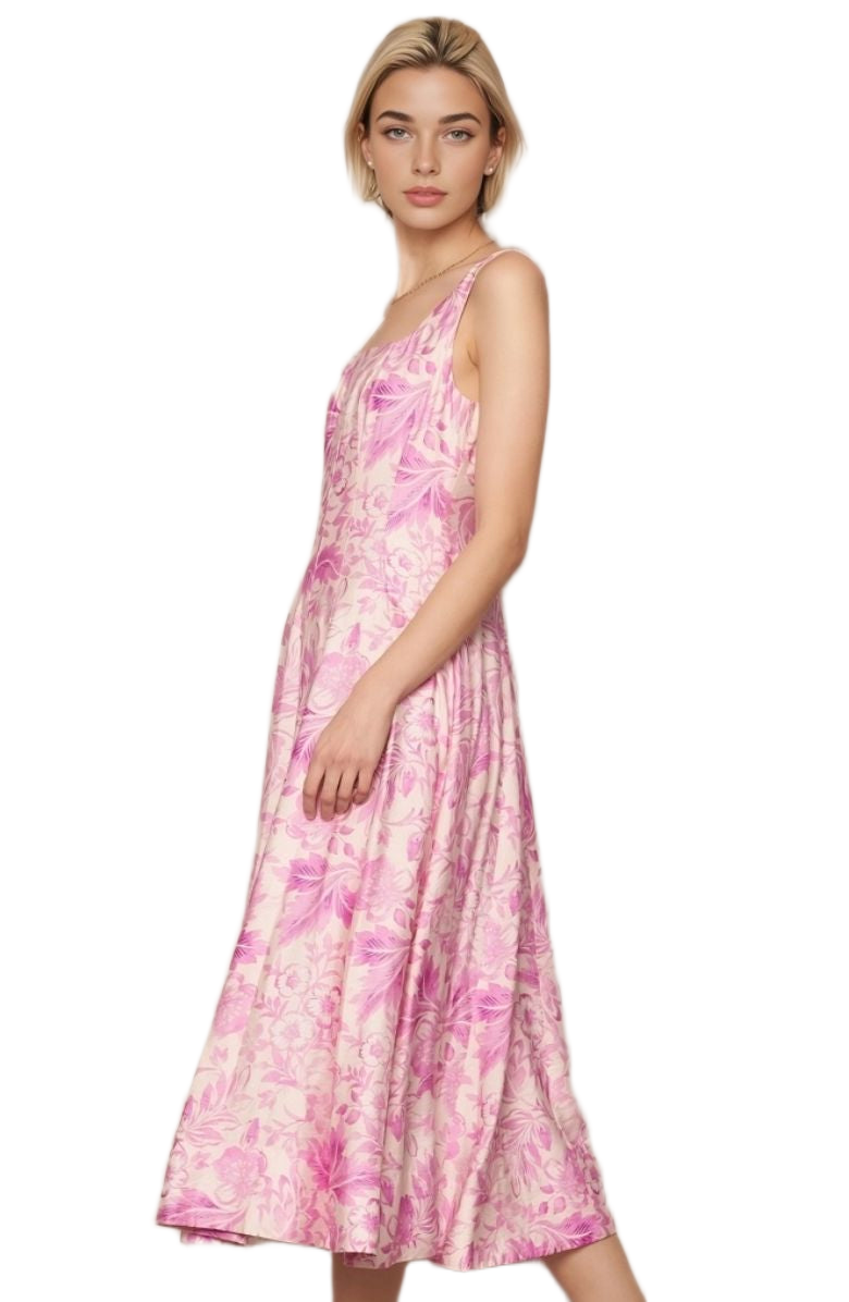 Floral Midi Dress Wide Straps Fitted Bodice Full Skirt Pink Botanical Print