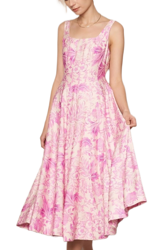 Floral Midi Dress Wide Straps Fitted Bodice Full Skirt Pink Botanical Print