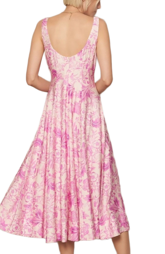 Floral Midi Dress Wide Straps Fitted Bodice Full Skirt Pink Botanical Print