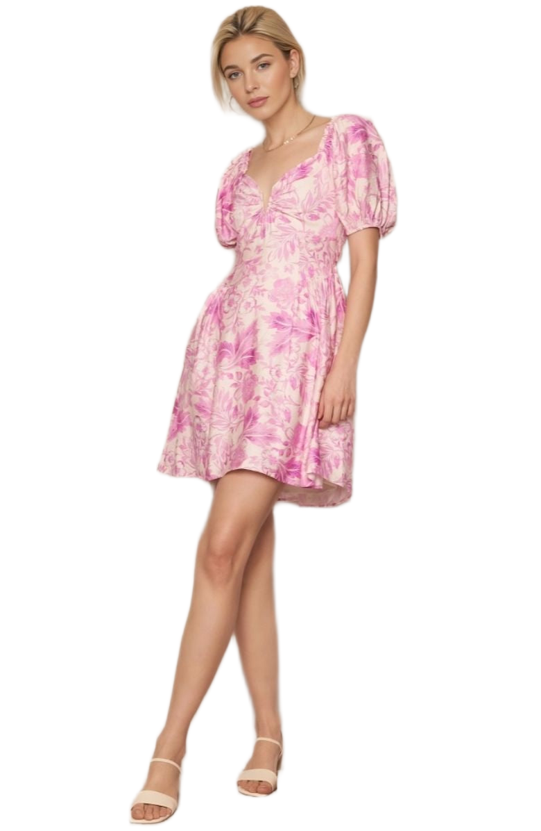 Floral Puff Sleeve Mini Dress Sweetheart Neckline Fitted Bodice Pink Print