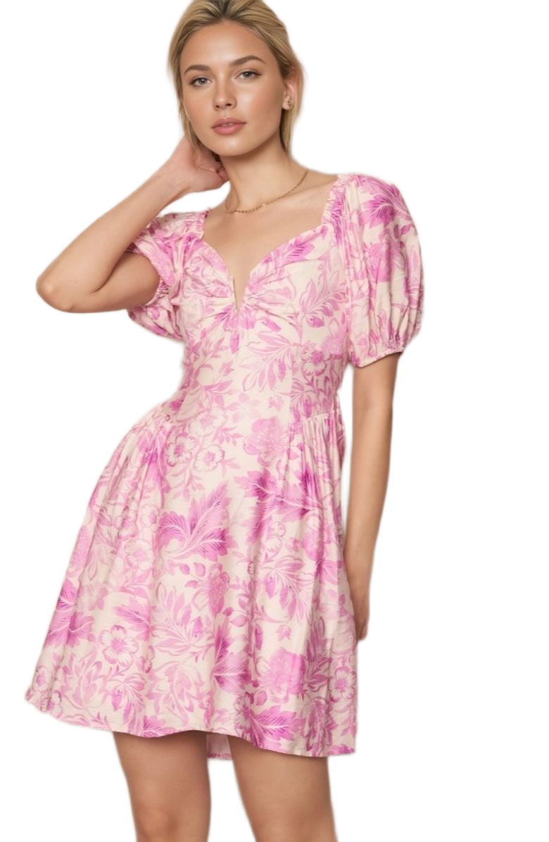Floral Puff Sleeve Mini Dress Sweetheart Neckline Fitted Bodice Pink Print