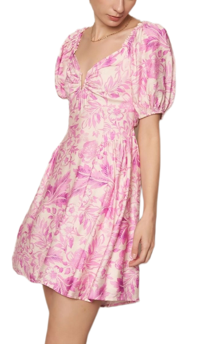 Floral Puff Sleeve Mini Dress Sweetheart Neckline Fitted Bodice Pink Print