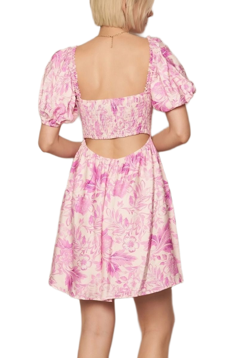 Floral Puff Sleeve Mini Dress Sweetheart Neckline Fitted Bodice Pink Print