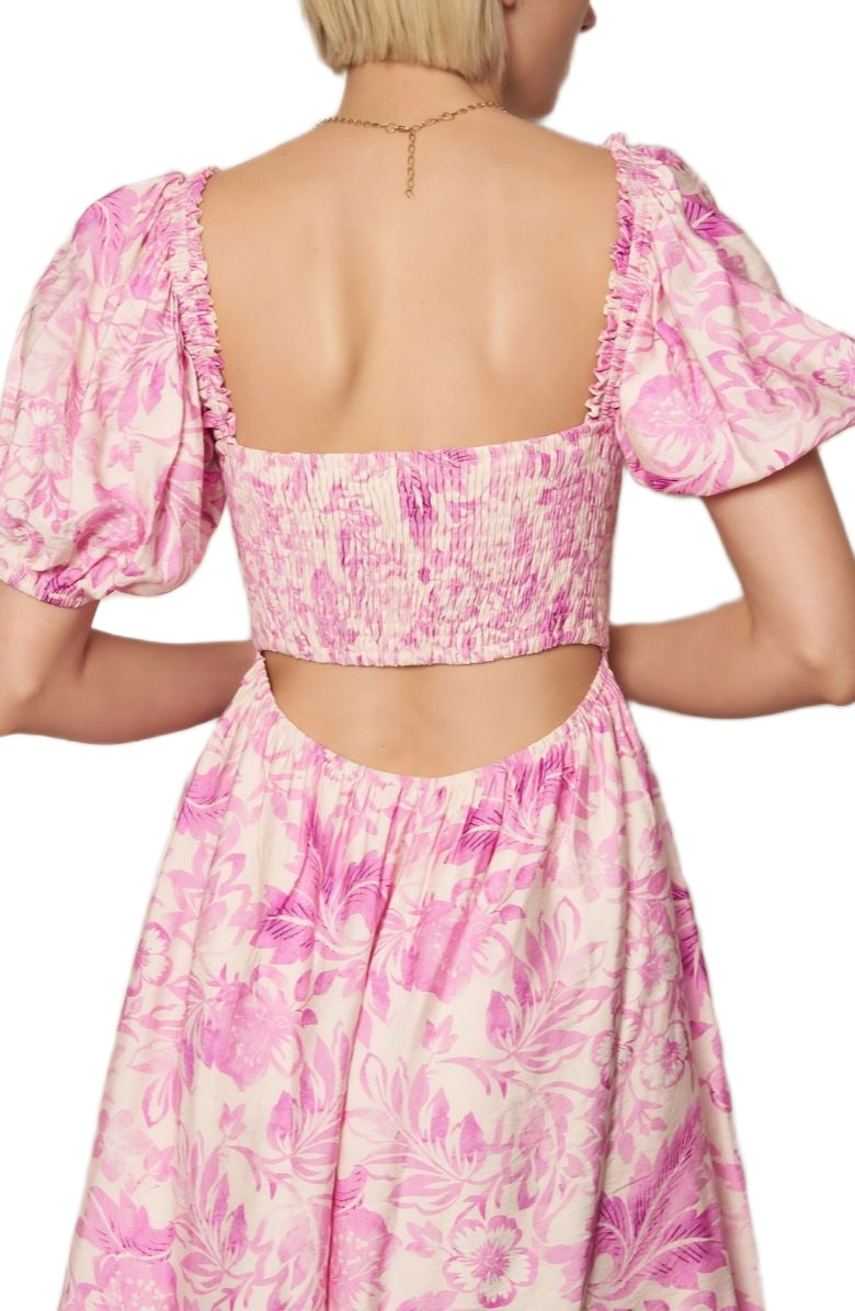 Floral Puff Sleeve Mini Dress Sweetheart Neckline Fitted Bodice Pink Print