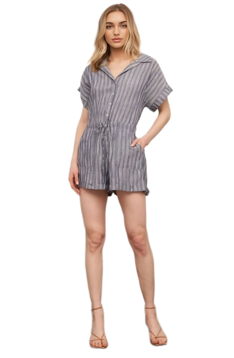 Striped Romper Button Front Drawstring Waist Short Sleeves Cuffed Hem Slate Blue