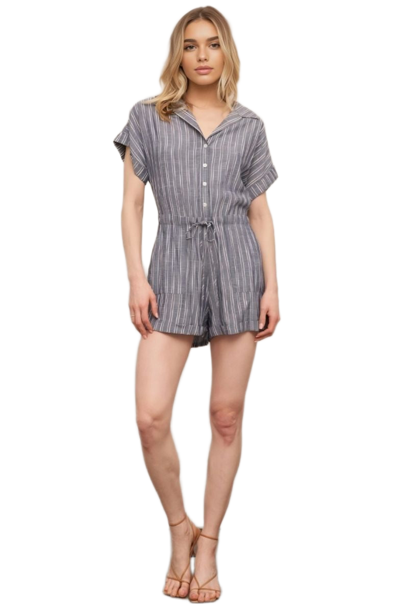 Striped Romper Button Front Drawstring Waist Short Sleeves Cuffed Hem Slate Blue