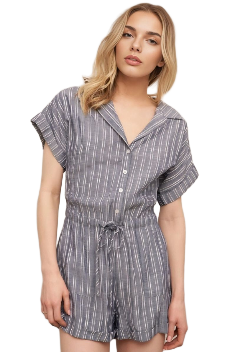Striped Romper Button Front Drawstring Waist Short Sleeves Cuffed Hem Slate Blue