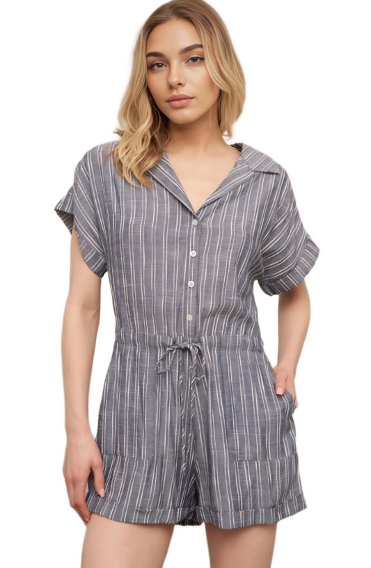 Striped Romper Button Front Drawstring Waist Short Sleeves Cuffed Hem Slate Blue