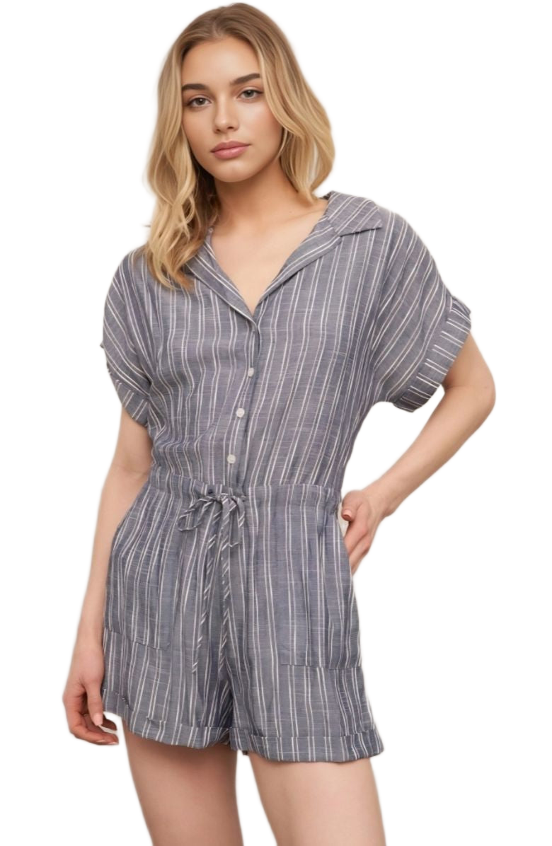 Striped Romper Button Front Drawstring Waist Short Sleeves Cuffed Hem Slate Blue