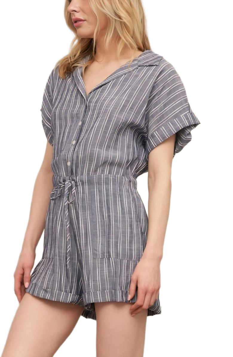 Striped Romper Button Front Drawstring Waist Short Sleeves Cuffed Hem Slate Blue