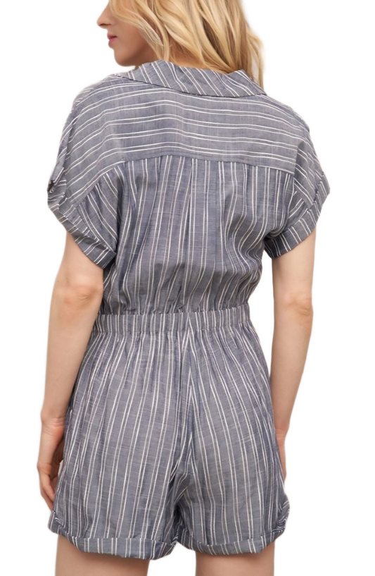 Striped Romper Button Front Drawstring Waist Short Sleeves Cuffed Hem Slate Blue