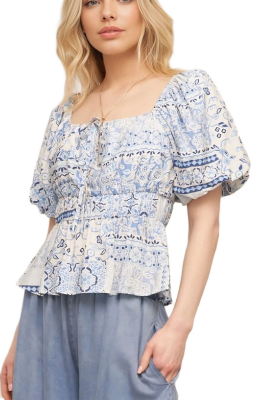 Boho Peasant Top Puff Sleeves Tie Front Smocked Waist Blue Patchwork Print