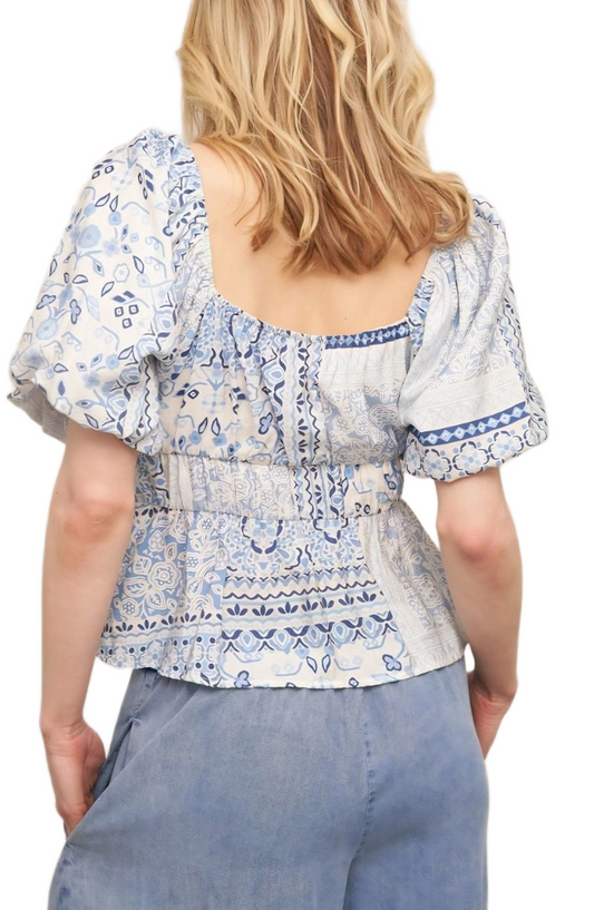Boho Peasant Top Puff Sleeves Tie Front Smocked Waist Blue Patchwork Print