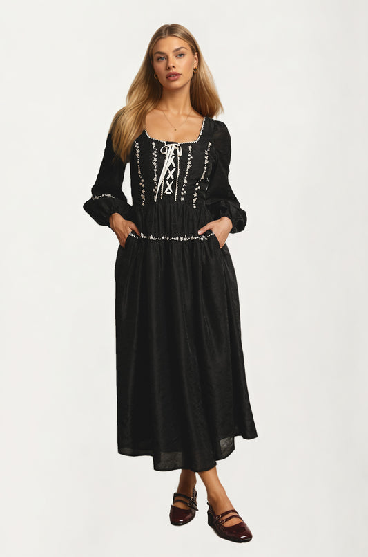 Black Long Sleeve Lace-Up Maxi Dress with Embroidery