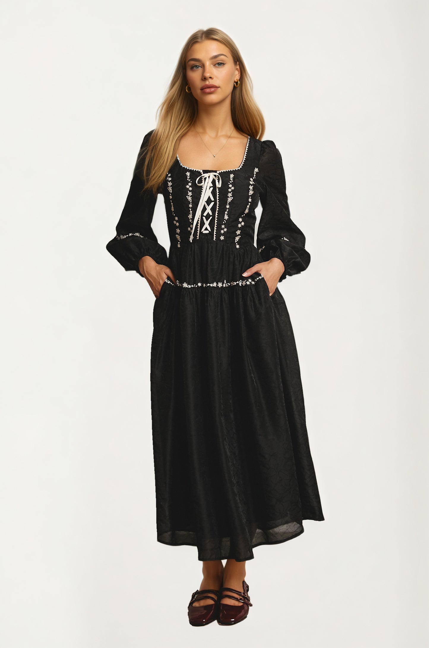 Black Long Sleeve Lace-Up Maxi Dress with Embroidery