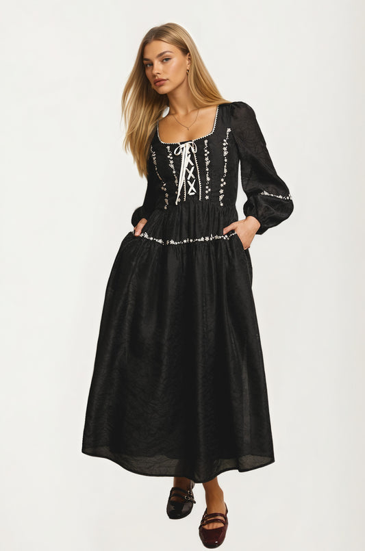 Black Long Sleeve Lace-Up Maxi Dress with Embroidery