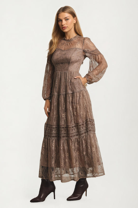 Long Sleeve Lace Maxi Dress with Tiered Skirt