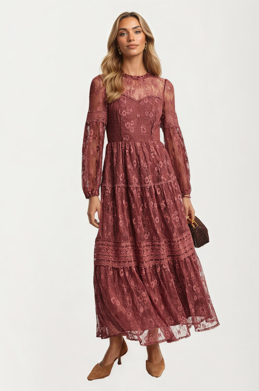 Long Sleeve Lace Maxi Dress with Tiered Skirt