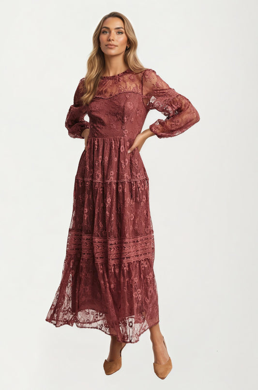 Long Sleeve Lace Maxi Dress with Tiered Skirt