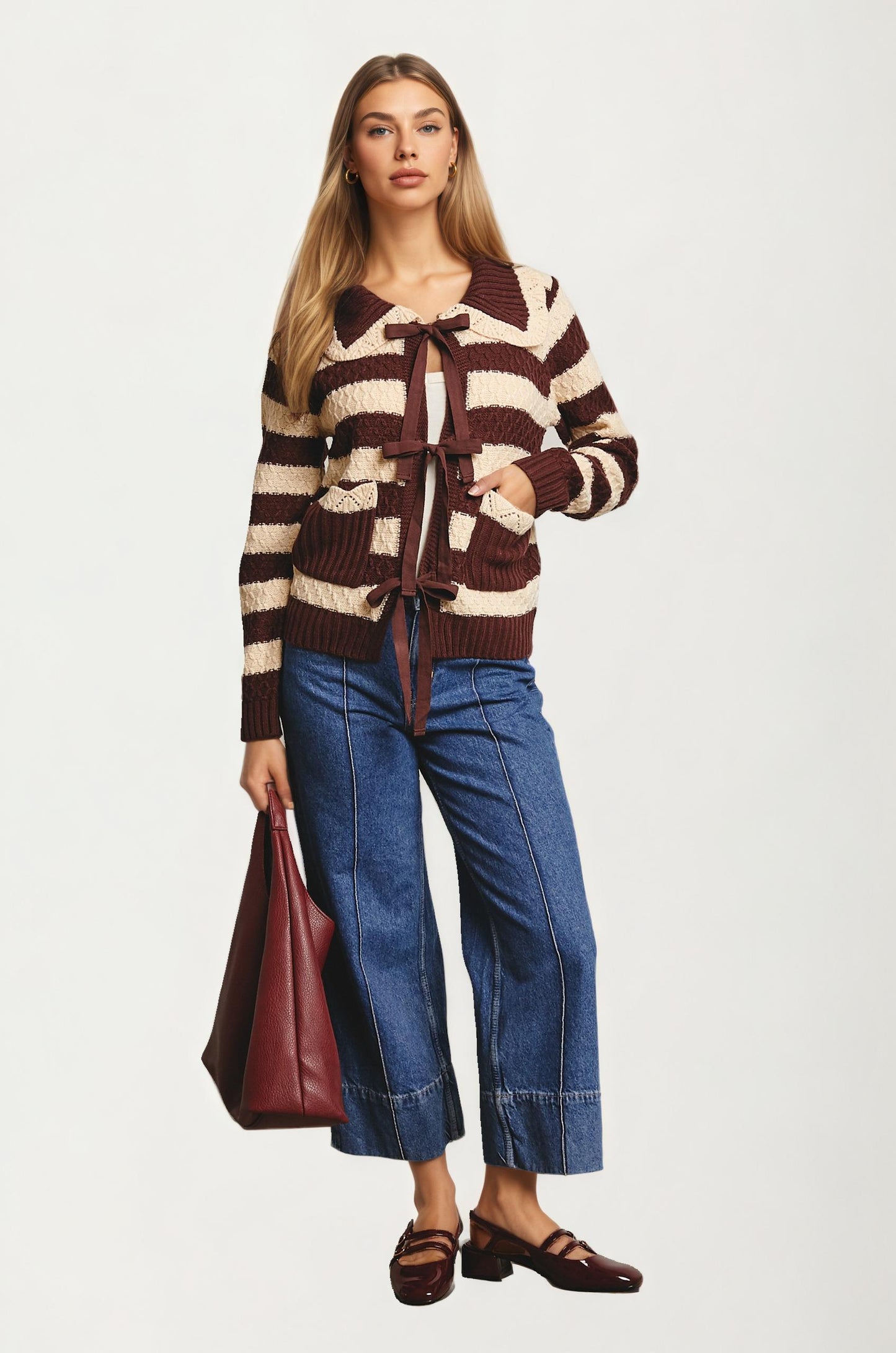 Striped Tie Front Cardigan with Textured Knit Detail