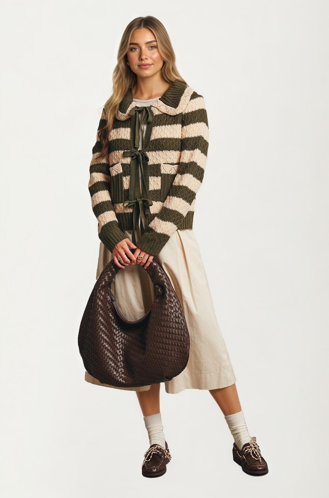 Striped Tie Front Cardigan with Textured Knit Detail