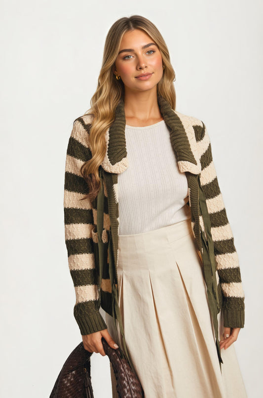 Striped Tie Front Cardigan with Textured Knit Detail
